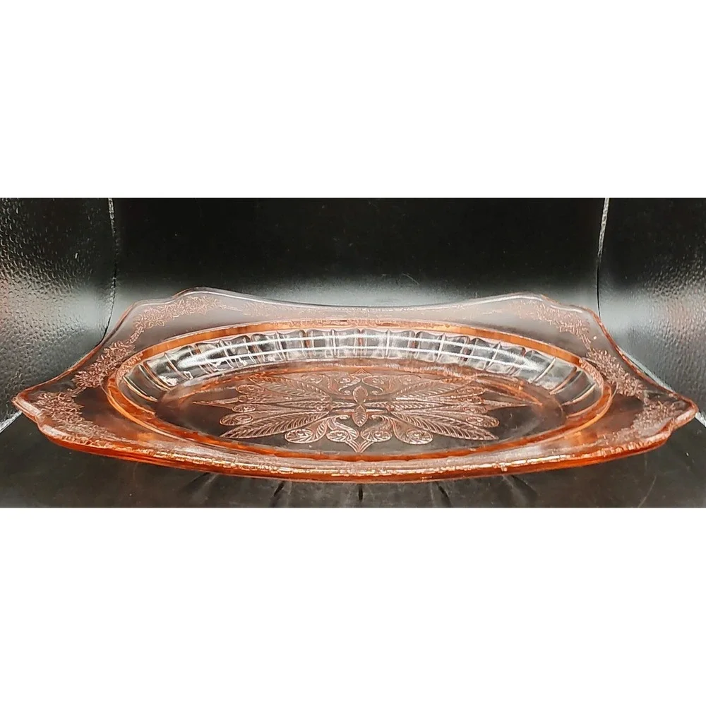 Vintage Jeanette Pink Depression Glass Curved Platter Adam Pattern 11.75